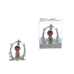 Mega Favors - Baby Toddler Praying in White Under a Cross Poly Resin in Gift Box - Blue