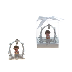 Mega Favors - Baby Toddler Praying in White Under a Cross Poly Resin in Gift Box - Pink