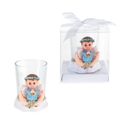 Mega Favors - Baby Angel Praying on Palm Poly Resin Candle Set in Gift Box - Blue