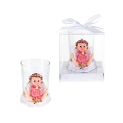 Mega Favors - Baby Angel Praying on Palm Poly Resin Candle Set in Gift Box - Pink