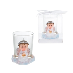 Mega Favors - Baby Angel Praying in White with Cross Poly Resin Candle Set in Gift Box - Blue