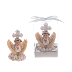 Mega Favors - Baby Praying in White on Palm with Roses Poly Resin in Gift Box - Blue