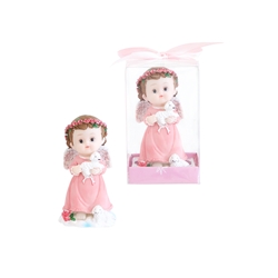 Mega Favors - Baby Angel Holding Baby Lamb Poly Resin in Gift Box - Pink