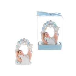 Mega Favors - Baby Praying on Palm Under Cross Poly Resin in Gift Box - Blue