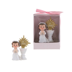 Mega Favors - Baby Praying Next to JHS Symbol Poly Resin in Designer Box - Pink