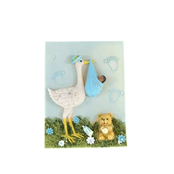 Mega Favors - Stork Carrying Ethnic Newborn Baby Poly Resin Plaque - Blue