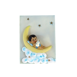 Mega Favors - Ethnic Baby Laying on Moon Poly Resin Plaque - Blue