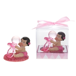 Mega Favors - Ethnic Baby Holding Large Pacifier Poly Resin in Gift Box - Pink