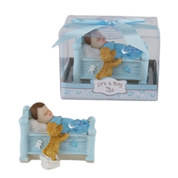 Mega Favors - Baby Napping in Crib with Puppy Poly Resin in Gift Box - Blue