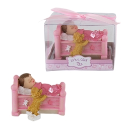Mega Favors - Baby Napping in Crib with Puppy Poly Resin in Gift Box - Pink