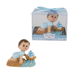 Mega Favors - Baby Playing with Sail Boat Poly Resin in Gift Box - Blue
