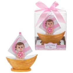 Mega Favors - Baby Sitting in Sail Boat Poly Resin in Gift Box - Pink