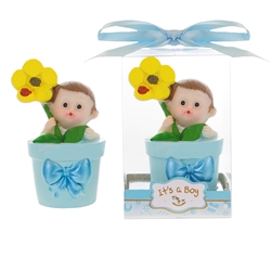 Mega Favors - Baby Holding Sunflower inside Flower Pot Poly Resin in Gift Box - Blue
