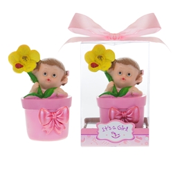 Mega Favors - Baby Holding Sunflower inside Flower Pot Poly Resin in Gift Box - Pink