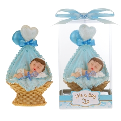 Mega Favors - Baby Sleeping inside Basket Poly Resin in Gift Box - Blue
