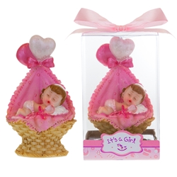 Mega Favors - Baby Sleeping inside Basket Poly Resin in Gift Box - Pink