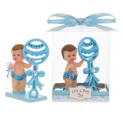 Mega Favors - Baby Holding Large Rattle Poly Resin in Gift Box - Blue