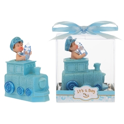 Mega Favors - Baby inside Train Poly Resin in Gift Box - Blue