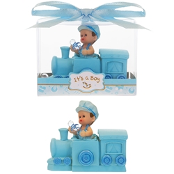 Mega Favors - Baby inside Train Poly Resin in Gift Box - Blue