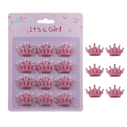 Mega Crafts - 12 pcs Crown with Rhinestones Poly Resin Embellishments - Pink