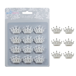 Mega Crafts - 12 pcs Crown with Rhinestones Poly Resin Embellishments - White