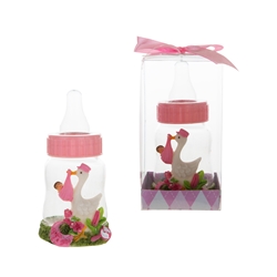 Mega Favors - Stork Carrying Baby on Baby Bottle Poly Resin in Gift Box - Pink
