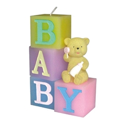 Mega Candles - 9" Teddy Bear Sitting on Baby Blocks Candle - Asst