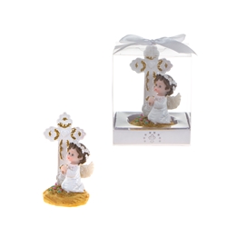 Mega Favors - Baby Angel Praying in White with Cross Poly Resin in a Gift Box - Pink